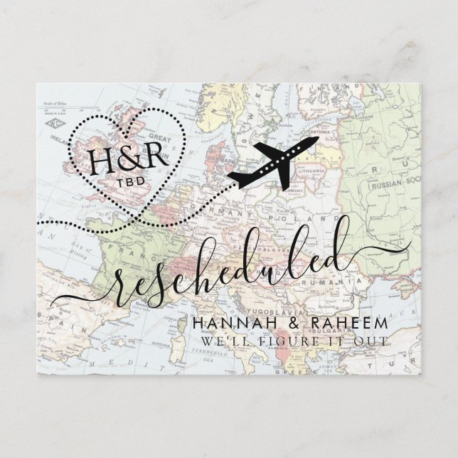 Carte Postale Faire-part Changement de plans Mariage de destination reporté (Devant)