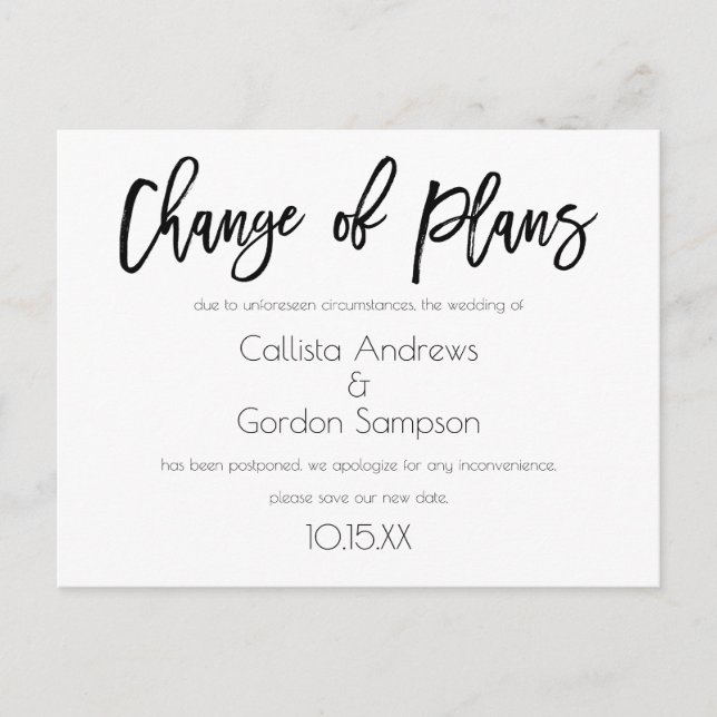 Carte Postale Faire-part Changement de plans Mariage noir blanc repoussé (Devant)