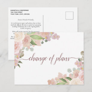 Carte Postale Faire-part Changement Élégant de Plans de Mariage Floral Rose