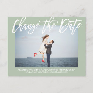 Carte Postale Faire-part CHANGER LA DATE Chic Sage Green photo calligraphie