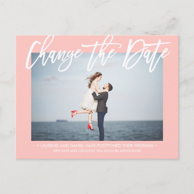 Carte Postale Faire-part CHANGER LA DATE Modern PINK calligraphie photo (Devant)