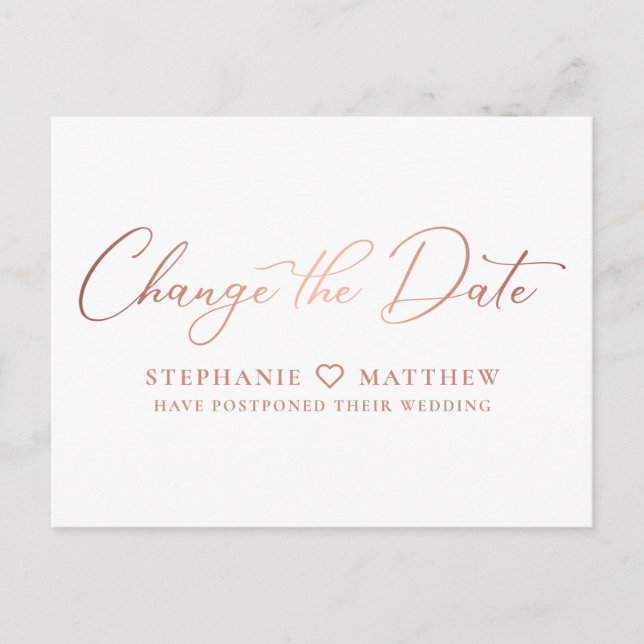Carte Postale Faire-part Changer la date Rose Gold Moderne Script (Devant)
