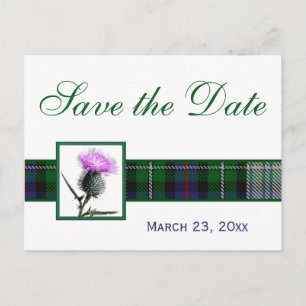 Carte Postale Faire-part Chardon vert, blanc Tartan Enregistrer la date Car