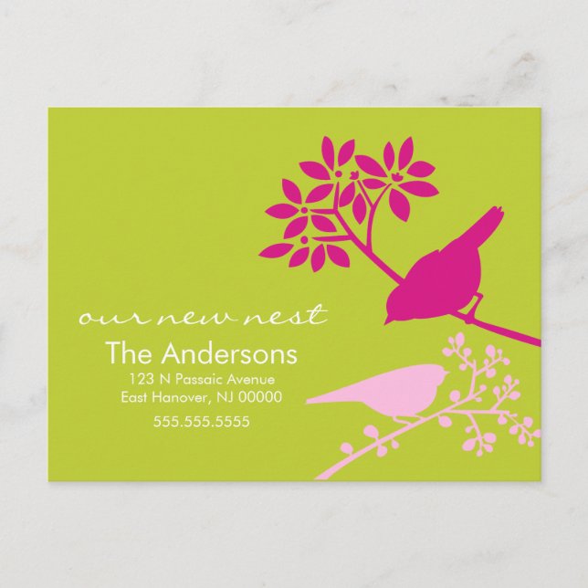 Carte Postale Faire-part Chartreuse et Fuchsia Birds Moving Annonces (Devant)