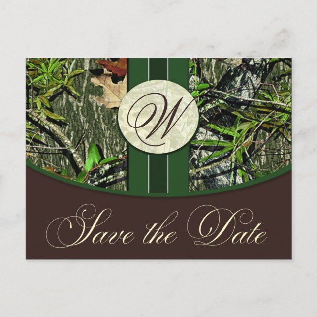 Carte Postale Faire-part Chasseur Monogramme Camo Mariage Sauvez les dates (Devant)