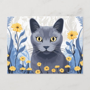 Carte Postale Faire-part Chat bleu russe Fleurs jaunes