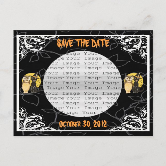 Carte Postale Faire-part Chat & Chouette Halloween Mariage Enregistrer La D (Devant)