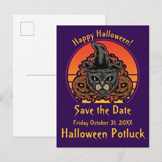 Carte Postale Faire-part Chat d'Halloween avec chapeau de sorcière Abra Cad (Devant / Derrière)