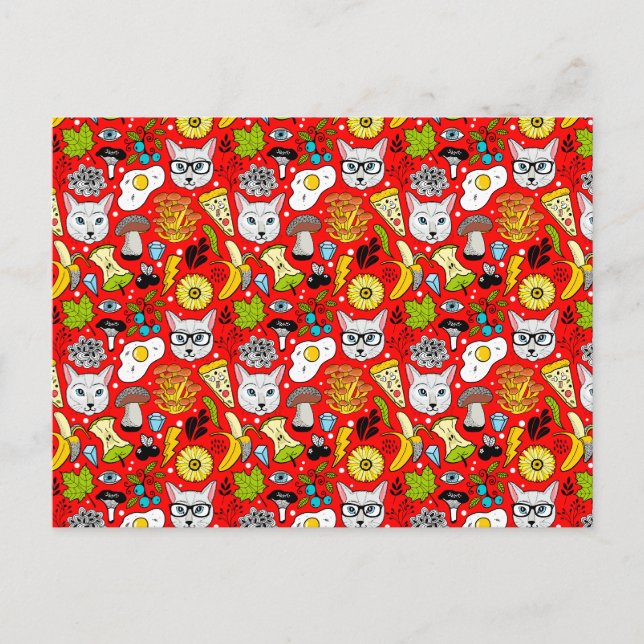 Carte Postale Faire-part Chat et œuf sur fond rouge (Devant)