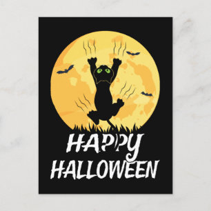 Carte Postale Faire-part Chat noir drôle Lune Joyeux Halloween