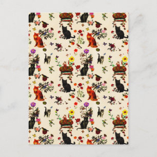 Carte Postale Faire-part Chat noir orange vintage floral jardin oiseaux