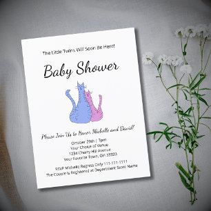 Carte Postale Faire-part Chat Twins Bleu rose Élégant Baby shower