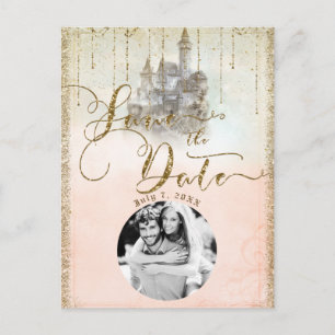 Carte Postale Faire-part Château de conte de fées à paillettes dorées Photo