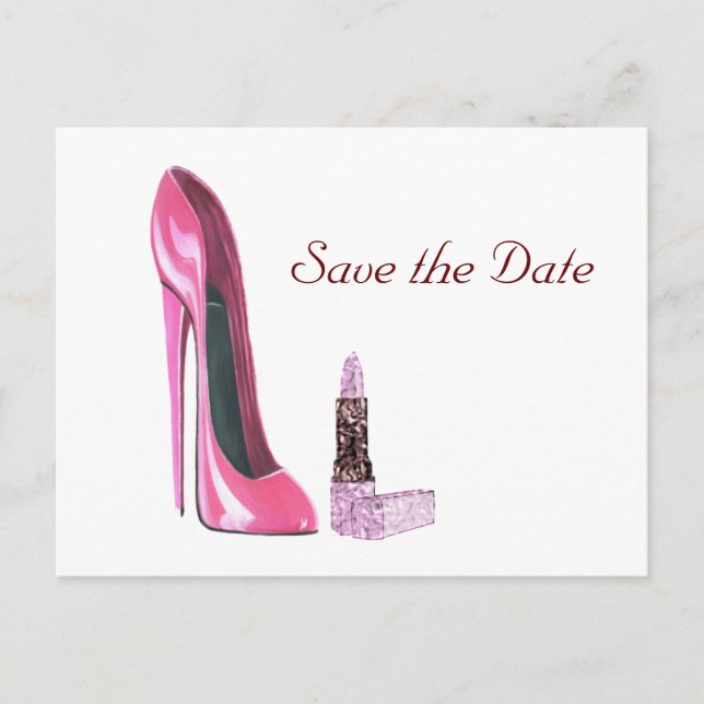 Carte Postale Faire-part Chaussure Stiletto Rose et Art Lipstick (Devant)