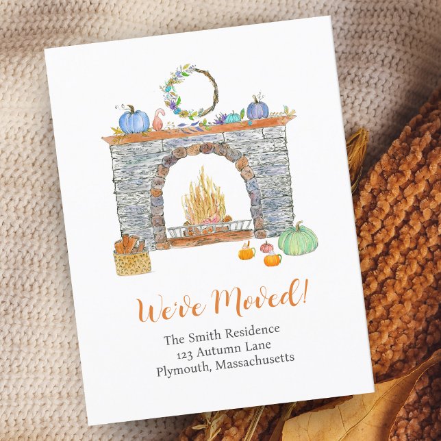 Carte Postale Faire-part Cheminée d'automne, Citrouilles, Citrouille épices (Announce your move with the inviting charm of an autumn fireplace.)
