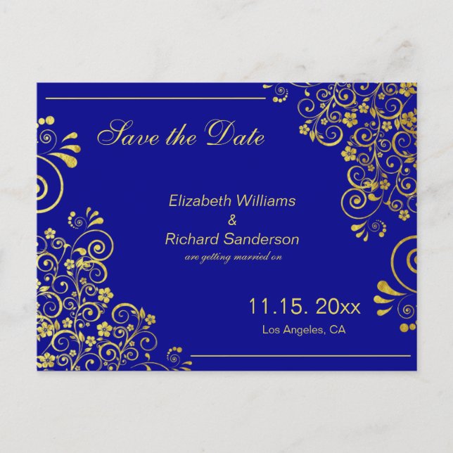 Carte Postale Faire-part Chic Bleu Marine Or Save the Date Mariage (Devant)
