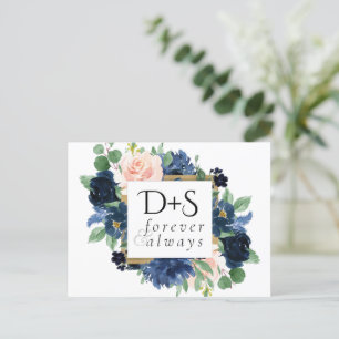 Carte Postale Faire-part Chic Blooms Mariage Romantique Bleu Nuit et Rose