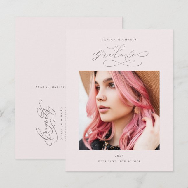 Carte Postale Faire-part Chic Blush Script One Photo Graduation Party (Devant / Derrière)