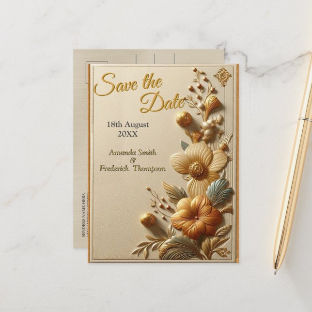 Carte Postale Faire-part Chic, Crèmes Élégantes et texture de fleurs en cui (Devant/Arrière en situation)