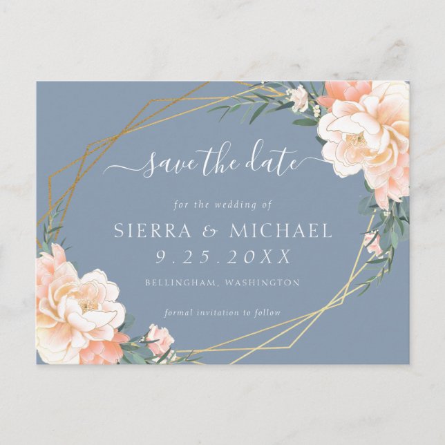 Carte Postale Faire-part Chic Dusty Bleu Pêche Or Floral Enregistrer la Dat (Devant)