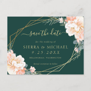 Carte Postale Faire-part Chic Emerald Green Peach Gold Floral Enregistrer l