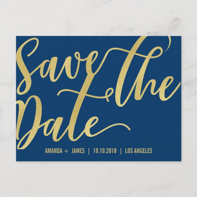 CARTE POSTALE FAIRE-PART CHIC GOLD SCRIPT ENREGISTRER LA DATE ANNONCE BLEU (Devant)