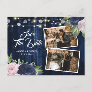 Carte Postale Faire-part Chic Navy Blue Blush Floral Save The Date Photo