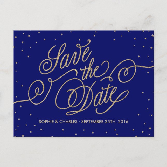 Carte Postale Faire-part Chic Navy Blue & Gold Stars Enregistrer la date Ca (Devant)
