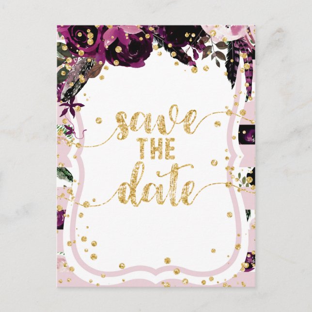 Carte Postale Faire-part Chic Purple Floral & Gold Wedding Enregistrer la d (Devant)