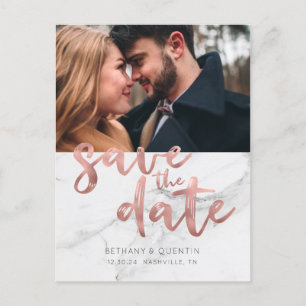 Carte Postale Faire-part Chic Rose Gold Foil Script Marble Enregistrer la D