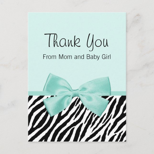 Carte Postale Faire-part Chic Zebra Fresh Mint Bow Baby shower Merci (Devant)