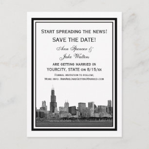 Carte Postale Faire-part Chicago Skyline Etched encadré Enregistrer la date