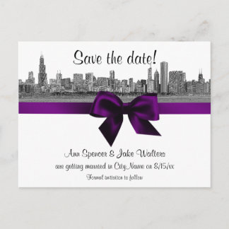 Carte Postale Faire-part Chicago Skyline Gravé BW Violet Enregistrer la Dat