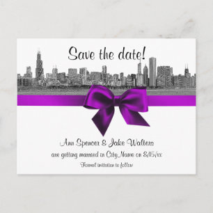 Carte Postale Faire-part Chicago Skyline Gravé BW Violet Enregistrer la Dat
