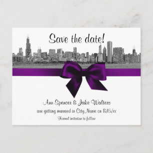 Carte Postale Faire-part Chicago Skyline Gravé BW Violet Enregistrez la Dat