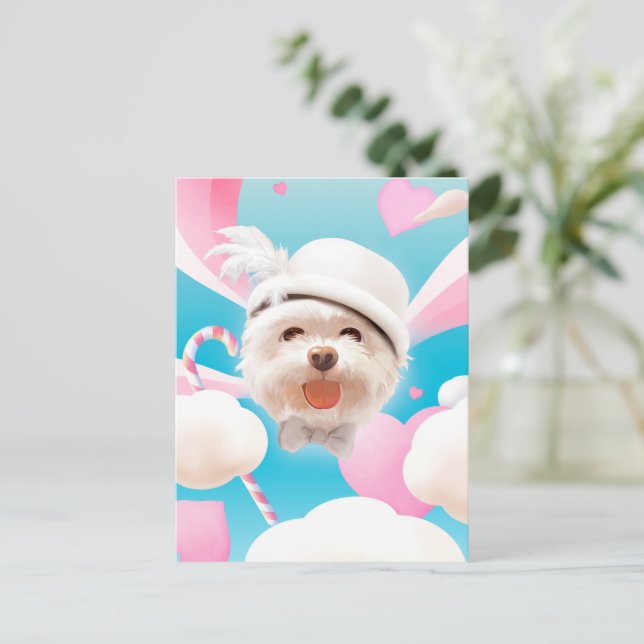 Carte Postale Faire-part Chien Fluffy avec Chapeau Blanc (Debout devant)