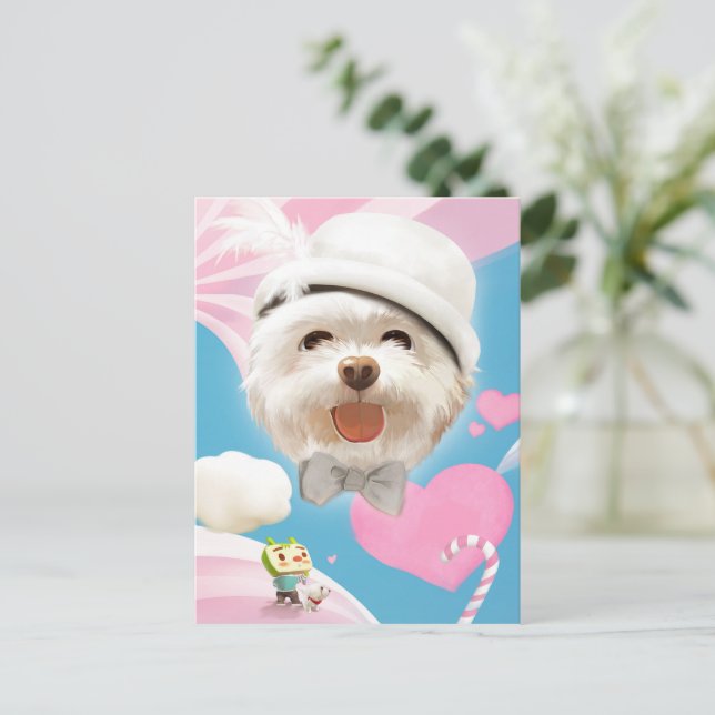 Carte Postale Faire-part Chien Fluffy avec Chapeau Blanc (Debout devant)