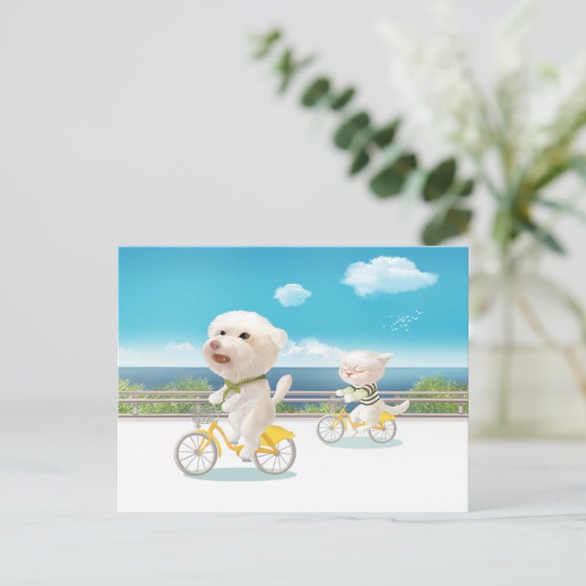Carte Postale Faire-part Chiens et chats Vélo en mer (Debout devant)