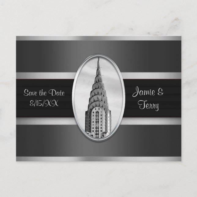 Carte Postale Faire-part Chrysler Building Save the Date Grey Silver BW (Devant)
