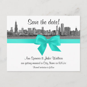 Carte Postale Faire-part Ciel de Chicago en noir et blanc Aqua Save the Dat