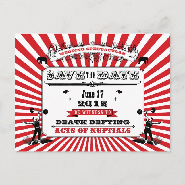 Carte Postale Faire-part Circus Steampunk Mariage Enregistrer La Date Rouge (Devant)