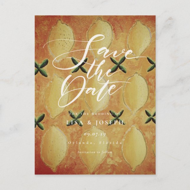 Carte Postale Faire-part Citrons Fruit Country Script Enregistrer la date (Devant)