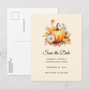 Carte Postale Faire-part Citrouilles orange et fleurs Automne