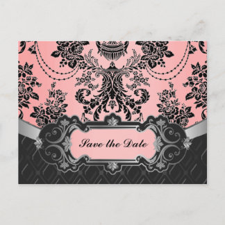 Carte Postale Faire-part Clair rose et noir Mariage damassé Enregistrer les