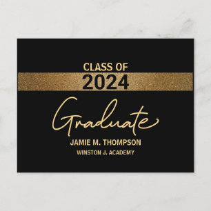 Carte Postale Faire-part Classe de 2024 Black Gold Nom Graduation Adulte