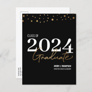Carte Postale Faire-part Classe de 2024 Graduate Black Gold Graduation