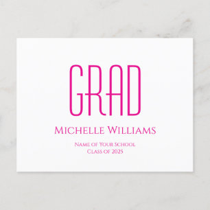 Carte Postale Faire-part Classe de 2025 Hot Pink Typography Graduation