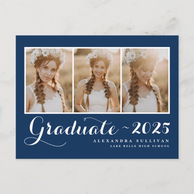 Carte Postale Faire-part Classe de 2025 Navy Blue Photo Collage Graduation (Devant)