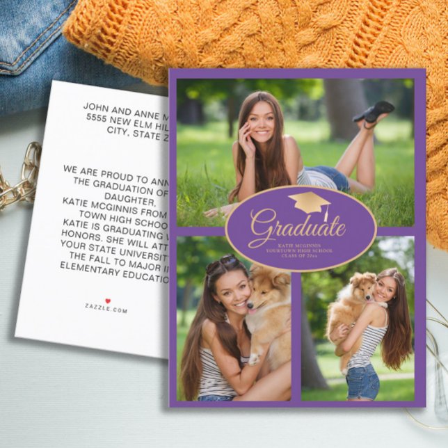 Carte Postale Faire-part Classe photo Purple Gold Graduation 2024 (Purple and gold graduation cap  announcement photo card)
