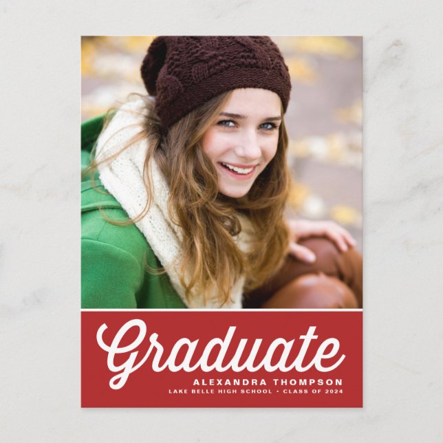 Carte Postale Faire-part Classe Red Retro Script de la photo 2025 Graduatio (Devant)